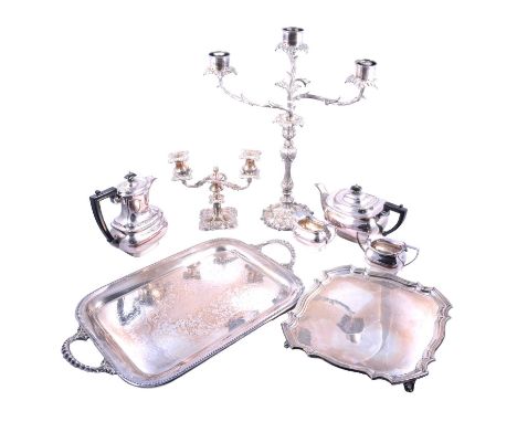 Large plated three-light candelabra, weighted; small plated candelabra; plated four-piece tea set; tray; square-shape salver.