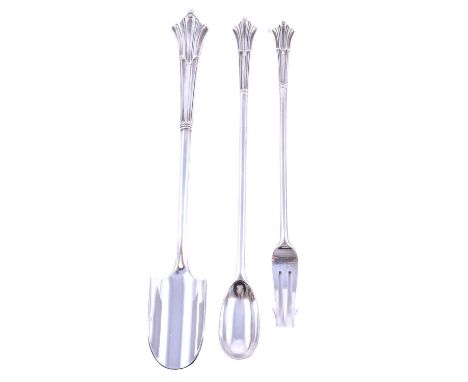 A Victorian silver cheese scoop, pickle fork and spoon, Goldsmiths &amp; Silversmiths Co, London 1894, Albany pattern, engrav