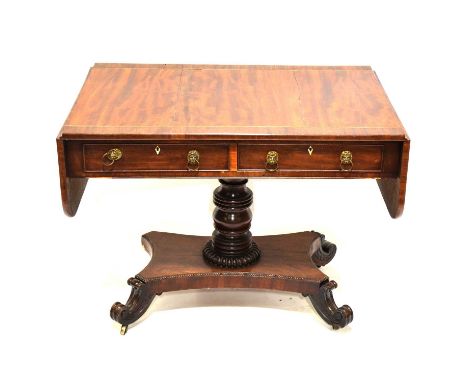 George IV mahogany sofa table, top with crossbanding and stringing, D-shape leaves, stringing, fitted with two frieze drawers
