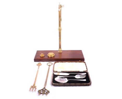 Set of Avery cast brass balance scales, fire irons, a pierced and engraved chestnut roaster with masonic pincers, and three s
