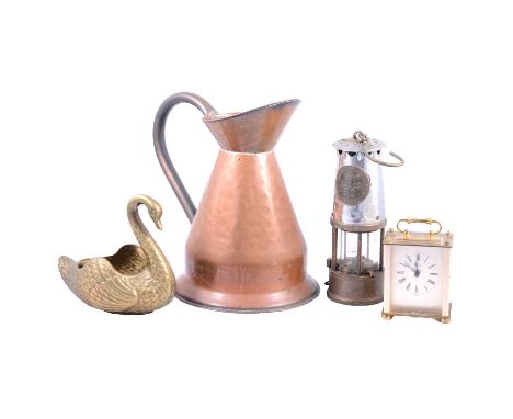 One box of copper and brasswares, to include a Protector Lamp &amp; Lighting Co Ltd miner’s lamp, Type GR6S; copper pint and 