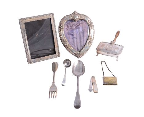 A collection of silver, silver-plated and other metal wares, to include a small Georgian silver ladle; silver and mother-of-p