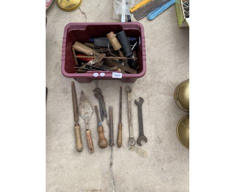 AN ASSORTMENT OF HAND TOOLS TO INCLUDE TROWELS, FILES AND SPANNERS ETC 