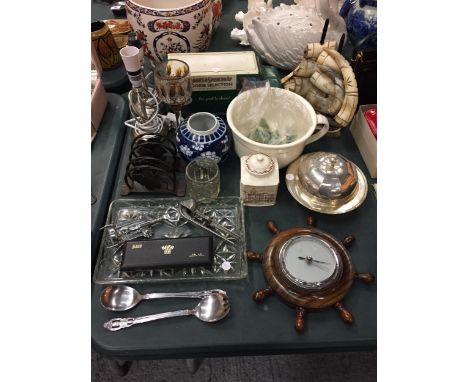 A QUANTITY OF COLLECTABLES TO INCLUDE A BAROMETER, BOAT LAMP, TWO TABLE LAMPS, M&amp;S COOKIE TIN, FLATWARE ETC 