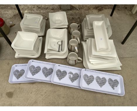 AN ASSORTMENT OF WHITE CERAMIC DINNER SERVICE TO INCLUDE BOWLS, PLATES AND SIDE PLATES ETC 