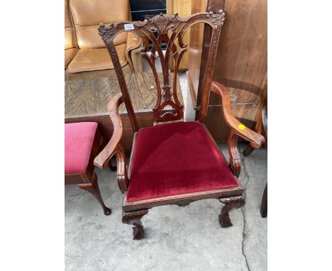 A MAHOGANY CHIPPENDALE STYLE CARVER CHAIR ON BALL AND CLAW FRONT FEET 