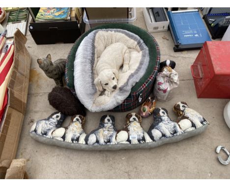 AN ASSORTMENT OF ITEMS TO INCLUDE AS NEW PET BEDS, A DRAFT EXCLUDER AND CERAMIC ANIMALS ETC 