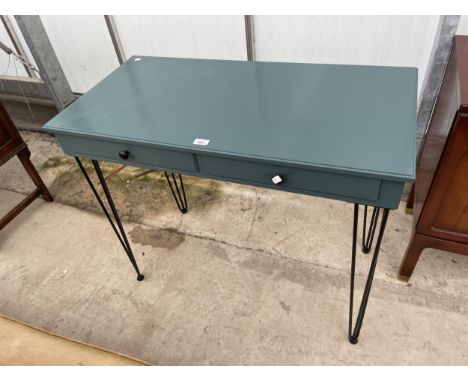 A MODERN PAINTED CONSOLE TABLE, 39.5" WIDE WITH TWO DRAWERS, ON HAIRPIN LEGS 