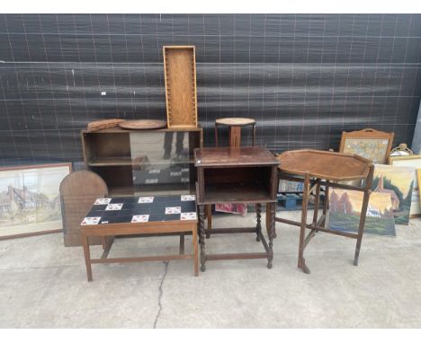 AN ASSORTMENT OF FURNITURE TO INCLUDE A TILE TOPPED COFFEE TABLE, A BOOKCASE AND AN OCCASIONAL TABLE ETC 