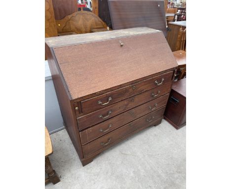 A GEORGIAN MAHOGANY FALL FRONT BUREAU ON BRACKET FEET WITH GRADUATED DRAWERS, 44" WIDE 
