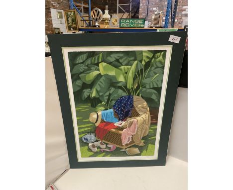 A MOUNTED PRINT OF A GARDEN SCENE WITH A CHAIR, CLOTHES AND A BOOK. 