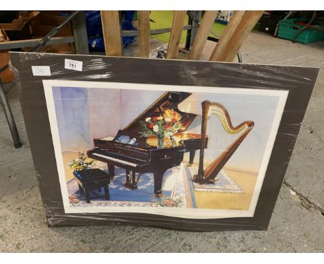 A MOUNTED PRINT OF A CLASSICAL PIANO AND HARP SIGNED RAYMOND K BOYES 