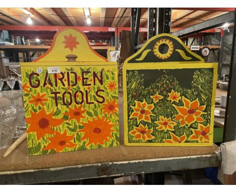 TWO HANDMADE VIBRANT BOXES, ONE FOR GARDEN TOOLS 