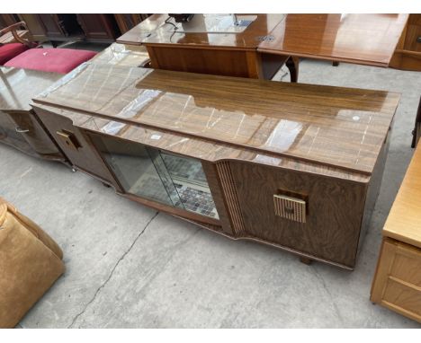 A BEAUTILITY WALNUT EFFECT SIDEBOARD ENCLOSING TWO CUPBOARDS, CENTRAL TWO DOOR CABINET WITH TILE EFFECT FLOOR, 66.5" WIDE 