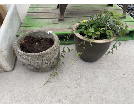 A STONE EFFECT PLANTER AND A FURTHER CERAMIC PLANTER 