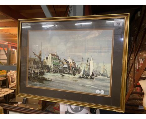 A SIGNED PRINT OF A HARBOUR SCENE 