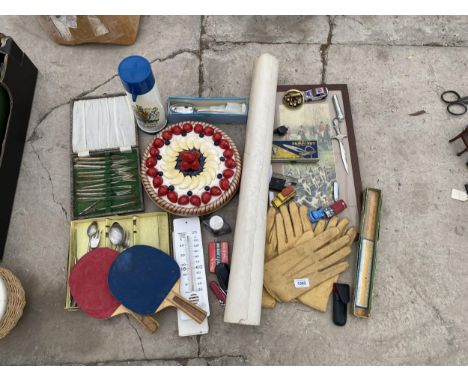AN ASSORTMENT OF ITEMS TO INCLIUDE A FRAMED PRINT, BOXED FLATWARE AND GLOVES ETC 