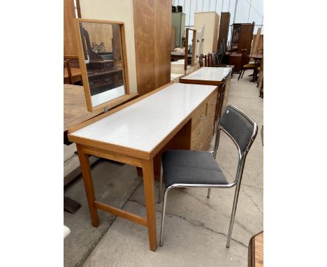 A 20TH CENTURY EX WD DRESSING TABLE STAMPED WALDSHUT/BADEN 1963, 61" WIDE, ENCLOSING FIVE DRAWERS, COMPLETE WITH CHAIR 