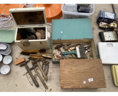 THREE VINTAGE WOODEN STORAGE CHESTS TO INCLUDE HAND TOOLS AND BRANDED SHOE SHINING BRUSHES ETC 