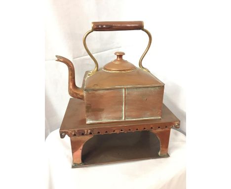 A SQUARE COPPER KETTLE TOGETHER WITH SQUARE STAND OVERALL HEIGHT 45CM, WIDTH 36CM 