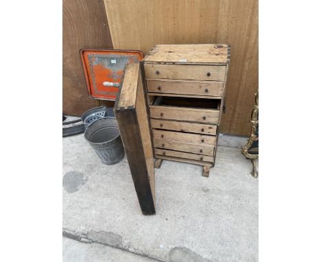 A VICTORIAN PINE LARGE VINTAGE JOINER'S CHEST WITH VARIOUS TOOLS SUCH AS G-CLAMP , VINTAGE SPIRIT LEVEL ETC 