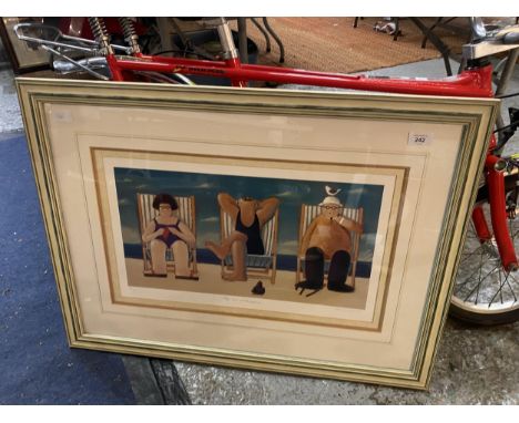 A LARGE HUMOROUS FRAMED PRINT ENTITLED 'THE SUN-WORSHIPPERS', SIGNED.  SIZE 82CM X 62CM 