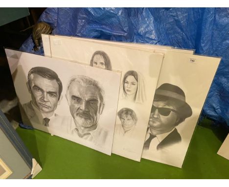 SIX MOUNTED PRINTS OF CELEBRITIES TO INCLUDE SEAN CONNERY, THE LORD OF THE RINGS, AUDREY HEPBURN, THE BLUES BROTHERS, MOHAMME