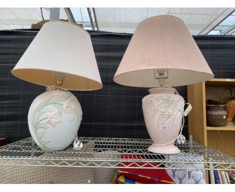 TWO LARGE CERAMIC LAMPS WITH FLORAL DESIGN AND SHADES 