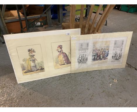 TWO MOUNTED PRINTS ENTITLED FRYING TONIGHT SIGNED MARGARET CLARKSON AND A PRINT OF TWO FASHIONABLE LADIES 