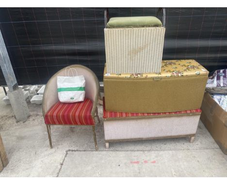 AN ASSORTMENT OF ITEMS TO INCLUDE A LLOYD LOOM LUSTY BENCH, TWO LLOYD LOOM STYLE OTTOMANS AND A LLYOD LOOM STYLE CHAIR 