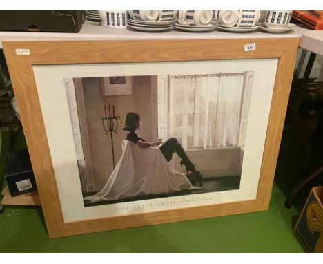 A LARGE FRAMED JACK VETTRIANO - PORTLAND GALLERY PRINT DEPICTING A THOUGHTFUL LADY SIZE 93CM X 72CM 