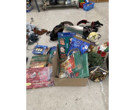 AN ASSORTMENT OF CHRISTMAS ITEMS TO INCLUDE VARIOUS LIGHT DISPLAYS, CERAMIC FIGURES AND DECORATIONS ETC 