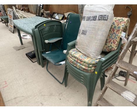 A PLASTIC ALLIBERT GARDEN FURNITURE SET WITH TABLE, FOUR STACKING CHAIRS AND TWO FOLDING CHAIRS, TO ALSO INCLUDE A FURTHER FO