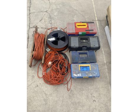 A QUANTITY OF ELECTRIC EXTENSION LEADS AND FOUR TOOL BOXES 
