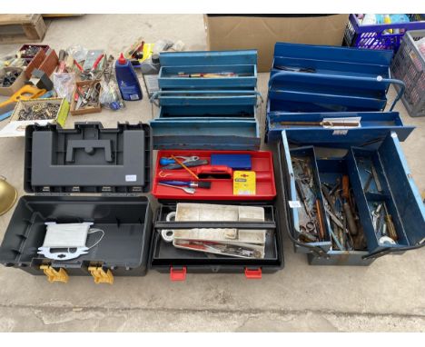 AN ASSORTMENT OF TOOL BOXES TO INCLUDE BOTH METAL AND PLASTIC AND AN ASSORTMENT OF TOOLS ETC 