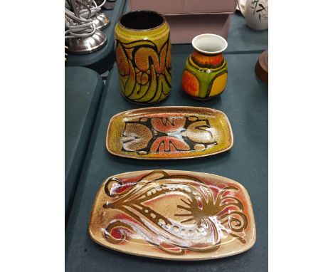 FOUR PIECES OF POOLE POTTERY TO INCLUDE TWO PIN TRAYS, AND TWO VASES 