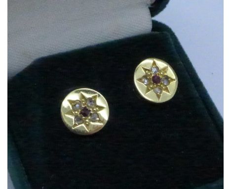 A pair of 18ct gold, ruby and old cut diamond stud earrings, 1.5g, diameter 9mm