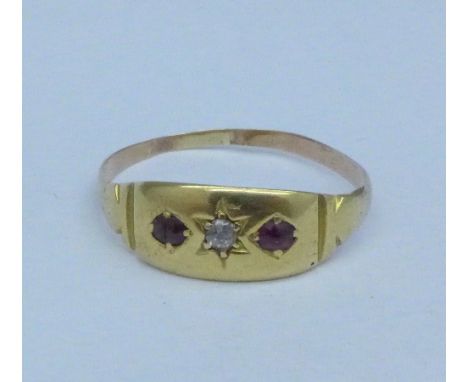 A yellow metal, ruby and diamond ring, 1.4g, P