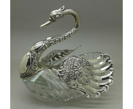 A silver mounted swan trinket dish, 15.5cm