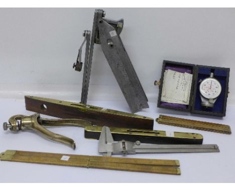 A Ridsdale Dietert 'C' Scale Green Hardness tester, cased, with instructions, a Curv-O-Mark contour marker, two brass and woo