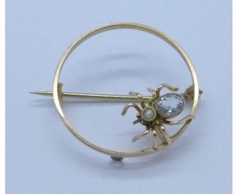 A yellow metal, blue stone and seed pearl set spider brooch, 2.4g, 2.5cm