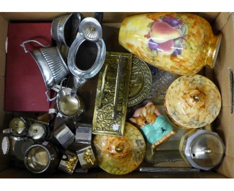 A plated tea service, three items of Staffordshire china, a brass letter rack, napkin rings, etc.