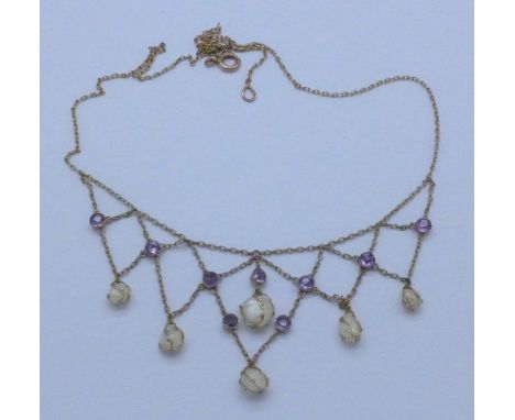 A 9ct gold, pearl and amethyst fringe necklet, 5.9g