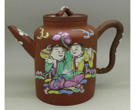 A 19th Century Chinese painted teapot with seal mark to base, a/f