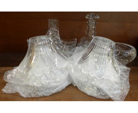 A Doulton fuschia crystal bowl, a crystal basket, six crystal light shades, a decanter and vase