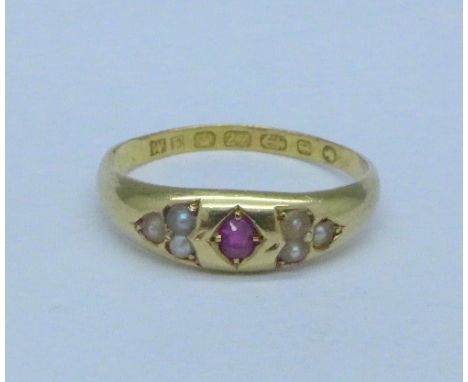 A Victorian 22ct gold, ruby and pearl ring, Birmingham 1858, 3.3g, N