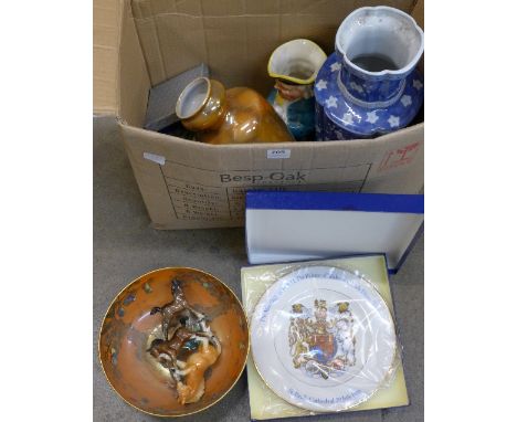 A Wilkinson Ltd orange lustre bowl, a Chinese blue and white vase, an orange lustre vase, a Burlington Toby jug, a Beswick fo