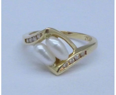 A 14ct gold, pearl and diamond ring, 3.4g, L