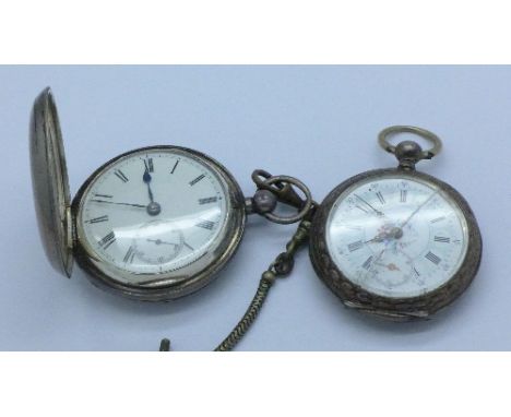 A silver full hunter pocket watch, the case hallmarked Chester 1887 and a fob watch with decorative enamel dial, glass a/f