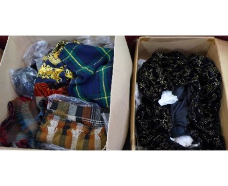 A box of scarves, including woollen, gloves and a vintage gown